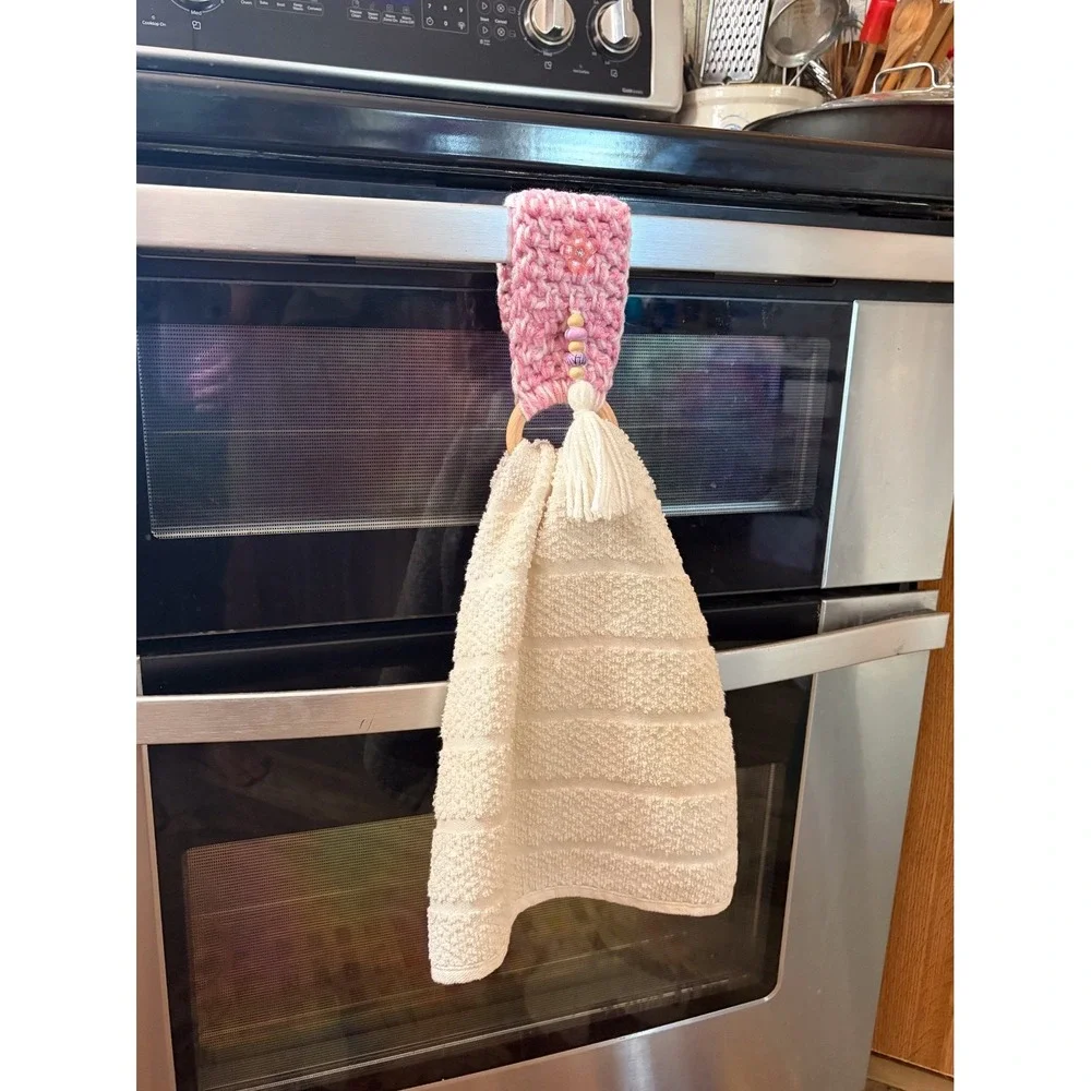 Crochet Handmade Kitchen Dish Towel Holder Pink with Button Wood Ring